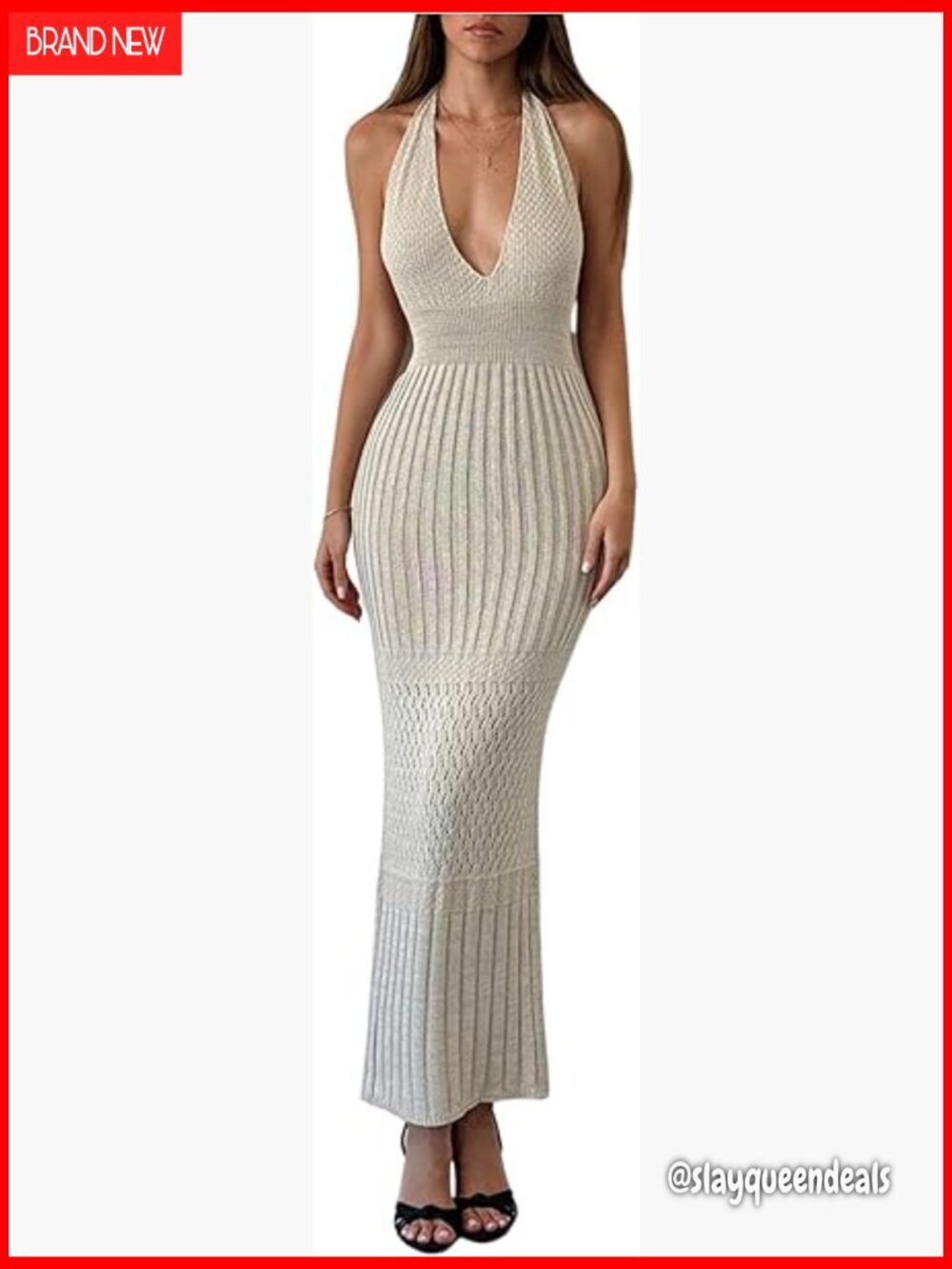 Crochet Knit Halter Dress Backless Bodycon Long Sleeveless Tie